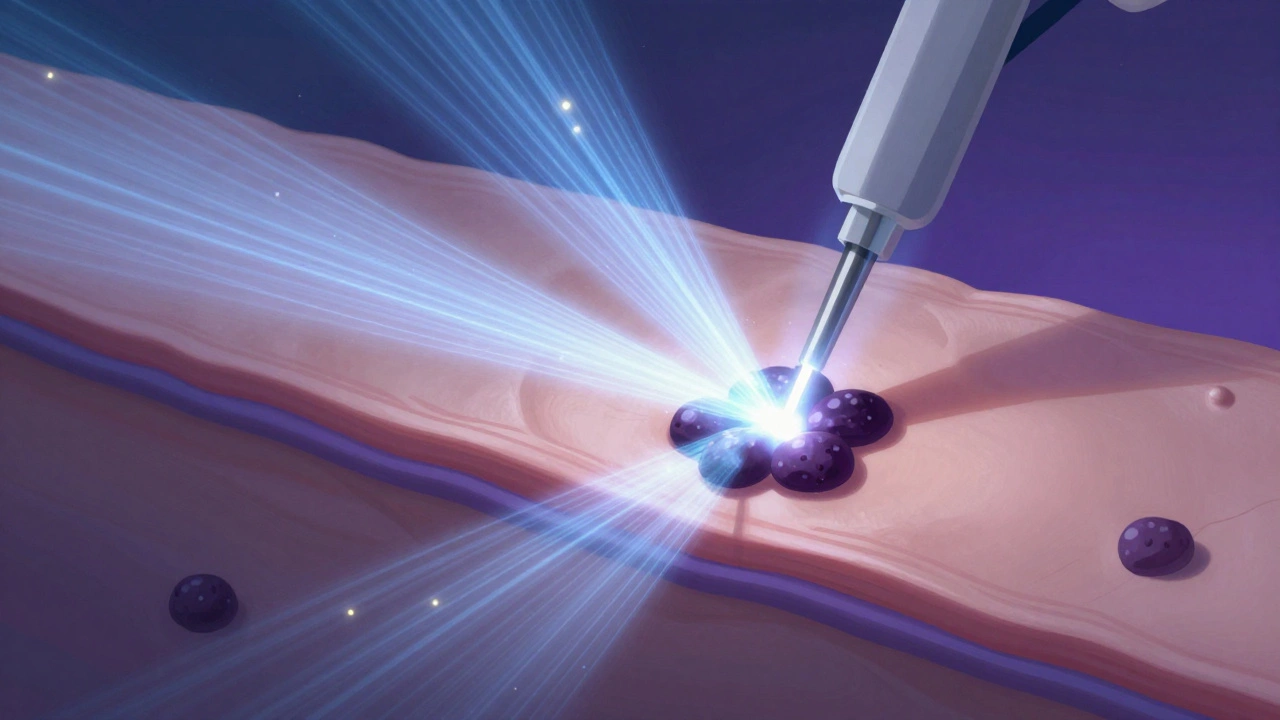 Лазерный луч разрушает меланин в коже, визуализировано как световые волны, рассеивающие тёмные пятна.