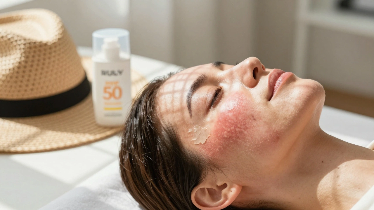 Лицо после лазерной процедуры: частично отшелушивающаяся кожа с новым светлым тоном под солнечным светом.