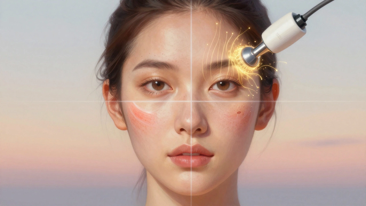 Лицо женщины, разделённое на четыре зоны, каждая из которых показывает разную процедуру ухода: ультразвук, микротоки, радиочастота и пилинг.