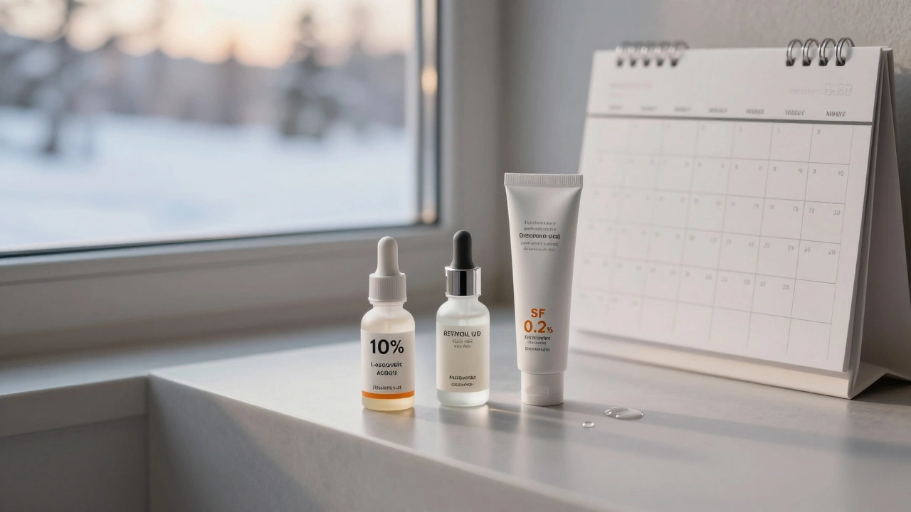Минималистичная стойка с сывороткой витамина С, ретинолом и солнцезащитным кремом на фоне зимнего света.