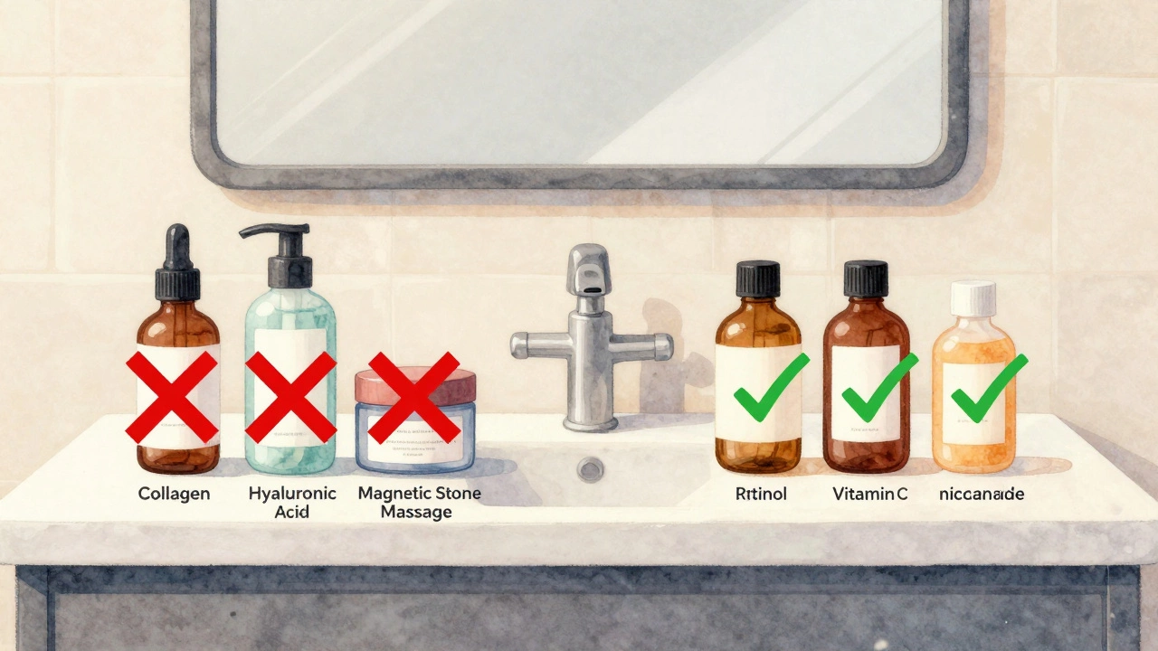 На столе: дорогая косметика с крестами и простые средства с галочками — контраст маркетинга и науки.