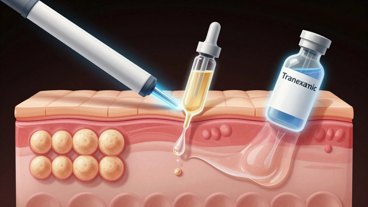 Научная иллюстрация трех методов лечения пигментации: лазер, сыворотка и пилинг, воздействующих на меланин