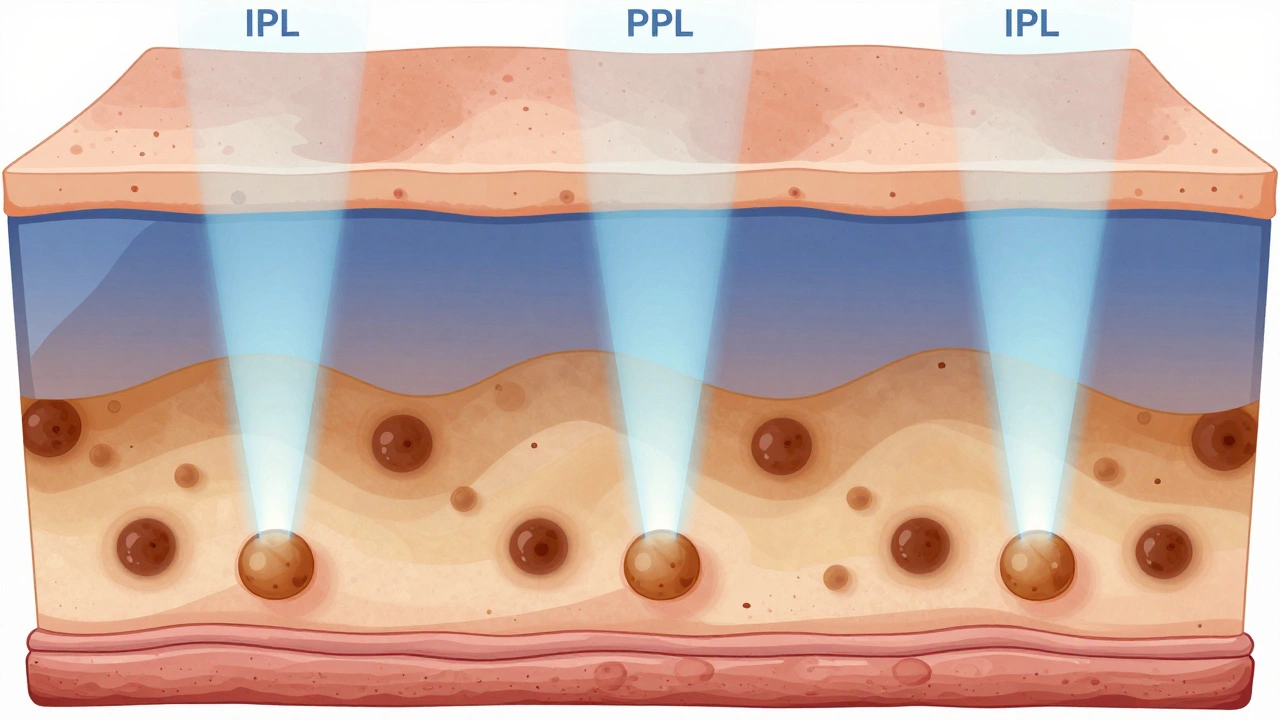 Схема трёх слоёв кожи с лазером, химическим пилингом и IPL, воздействующими на пигмент на разных уровнях.