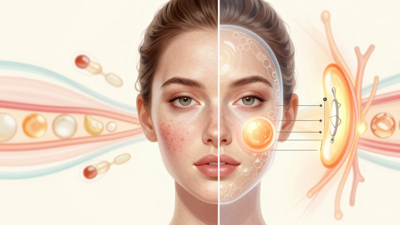 Схематичное изображение кожи с визуализацией восстановления клеток под действием косметологических процедур.