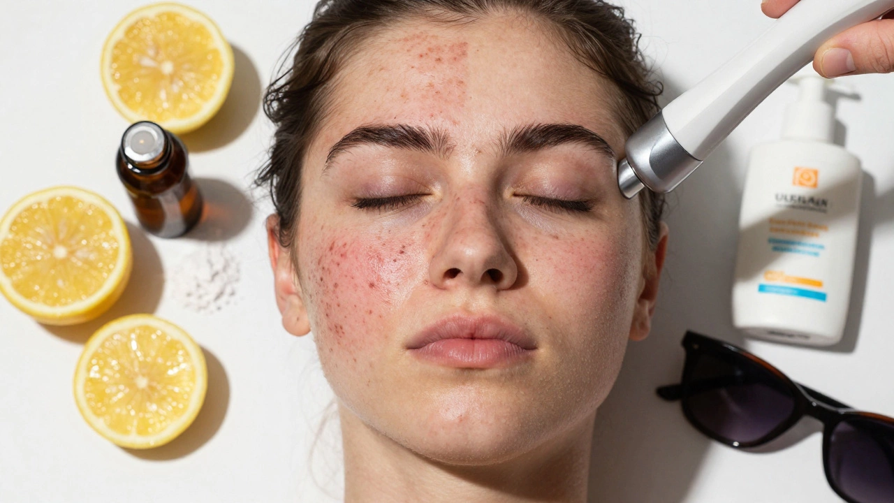 Сравнение до и после: одна половина лица с пятнами от скрабов, другая — после лазера и SPF