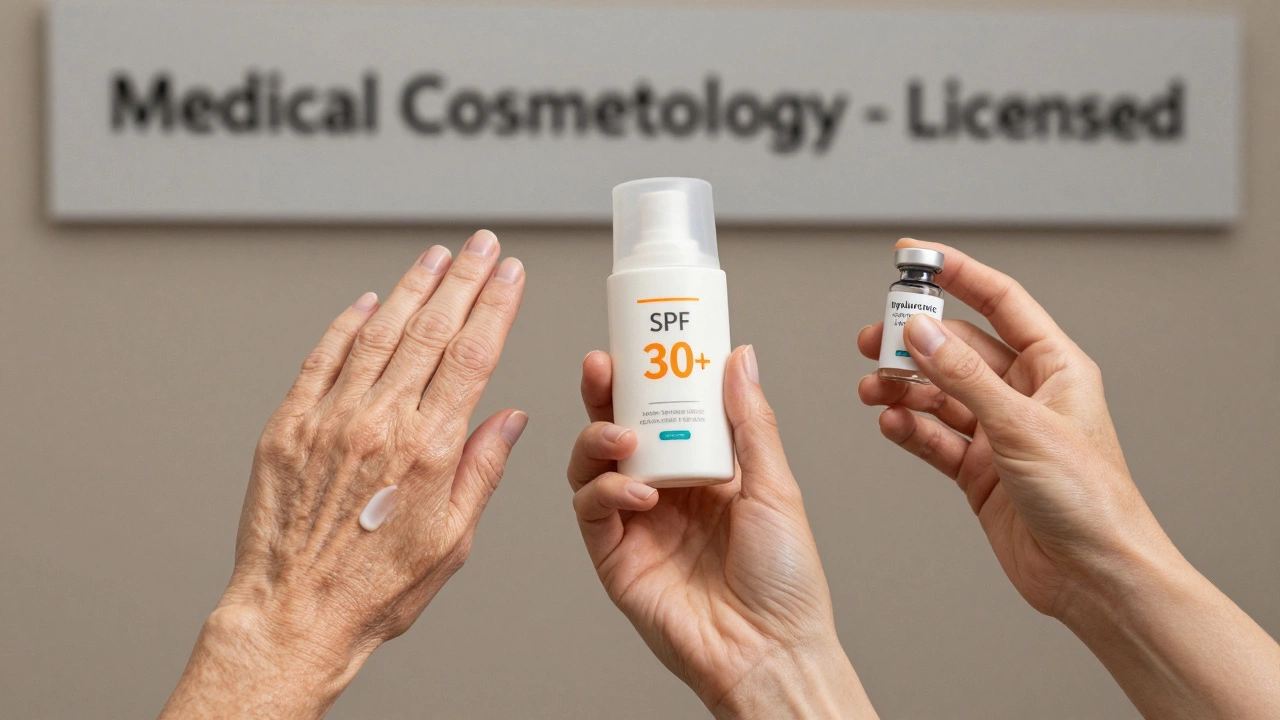 Три руки: наносят крем, держат солнцезащитный крем и инъекцию гиалуроновой кислоты — уход после 60 лет.