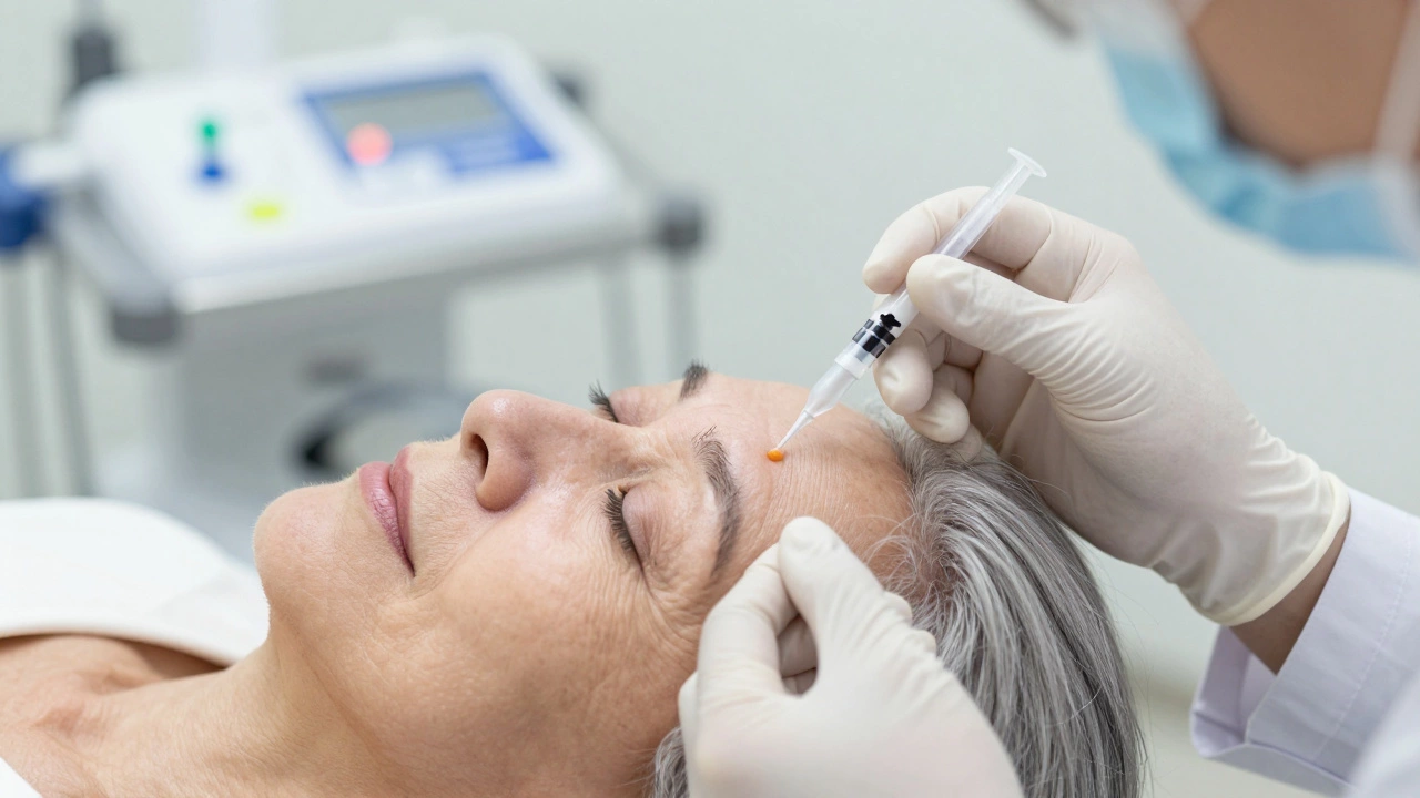 Врач вводит ботокс в область между бровями у пожилой пациентки, медицинская обстановка.