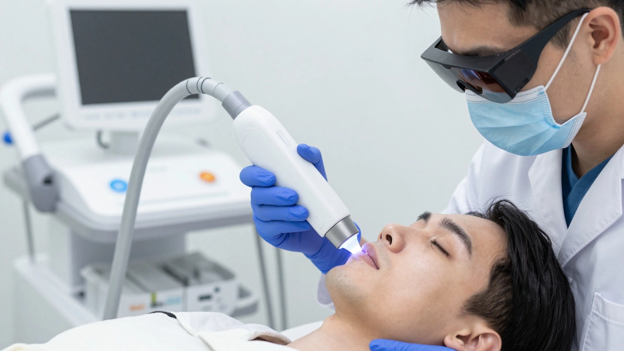 Дерматолог использует лазер Q-switched Nd:YAG для удаления пигментных пятен на лице пациента в медицинском кабинете.