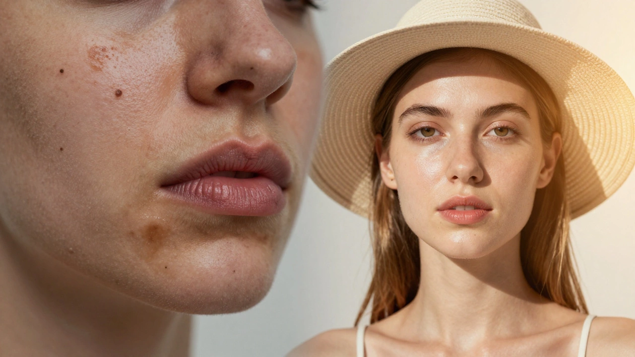 Два лица: слева — повреждённая кожа от домашних средств, справа — здоровая кожа с защитой от солнца и широкополой шляпой.