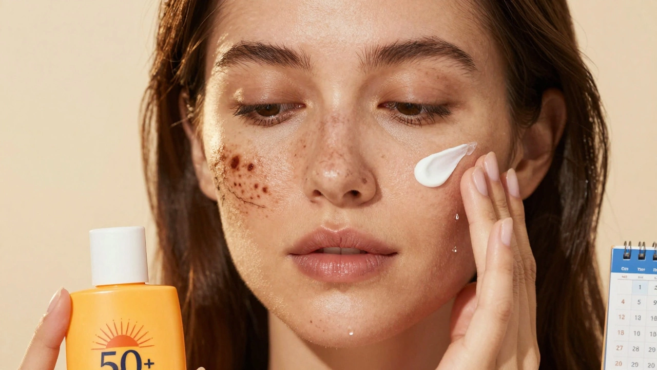 Две стороны лица: одна с пигментацией и признаками солнечного повреждения, другая — с уходом и защитой от УФ.