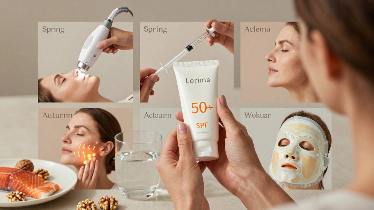 Календарь ухода за кожей после 50: лазер, инъекции, радиочастота и керамидная маска по сезонам, с кремом SPF и продуктами питания.