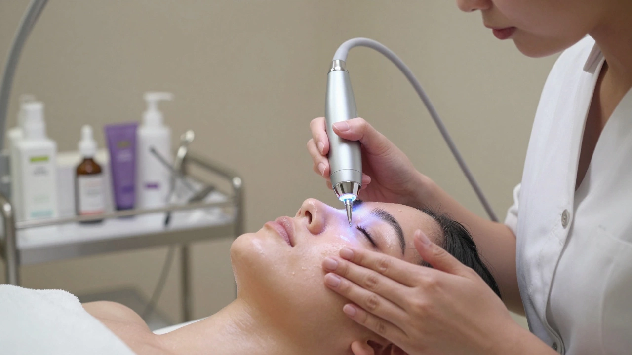 Косметолог проводит вакуумную чистку лица с использованием специального аппарата, сосредоточенно работая над кожей модели.