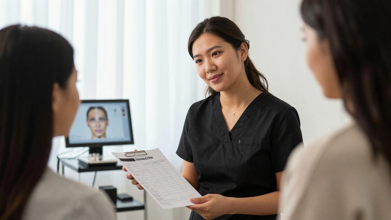 Косметолог ведет консультацию с клиентом, внимательно слушая, в спокойной обстановке салона.