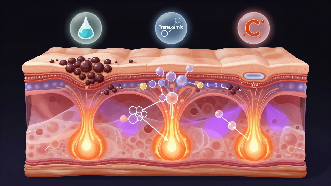 Разрез кожи, показывающий, как лазер, химический пилинг и IPL воздействуют на меланин в разных слоях.