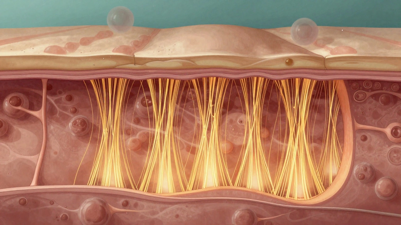 Разрез кожи с восстановлением коллагеновых волокон под воздействием радиочастотного лифтинга.