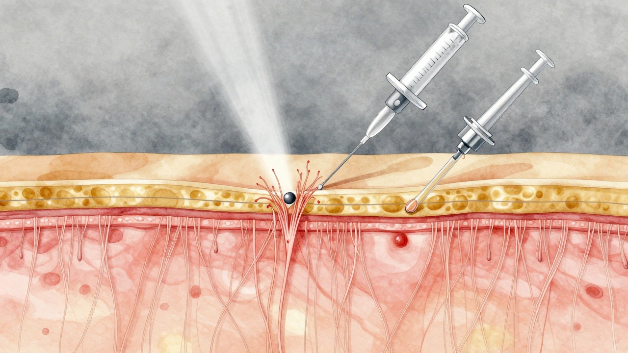Схематичное изображение зрелой кожи: истонченные коллагеновые волокна и стимуляция фибробластов лазером и пептидами.