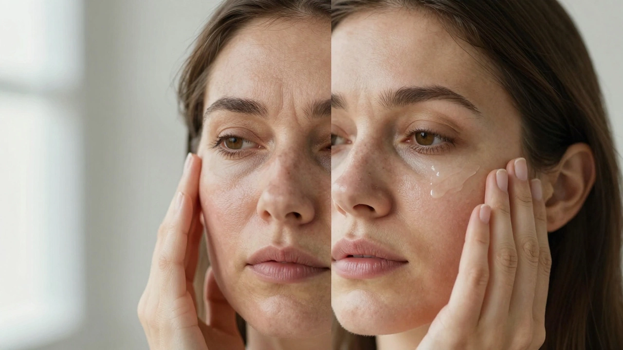 Сравнение лица: одна сторона с признаками усталости, другая — с улучшенной текстурой благодаря уходу.