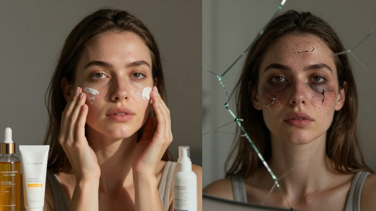 Сравнение: одна половина лица — с безопасным уходом, другая — с усилением пигментации после ультразвука