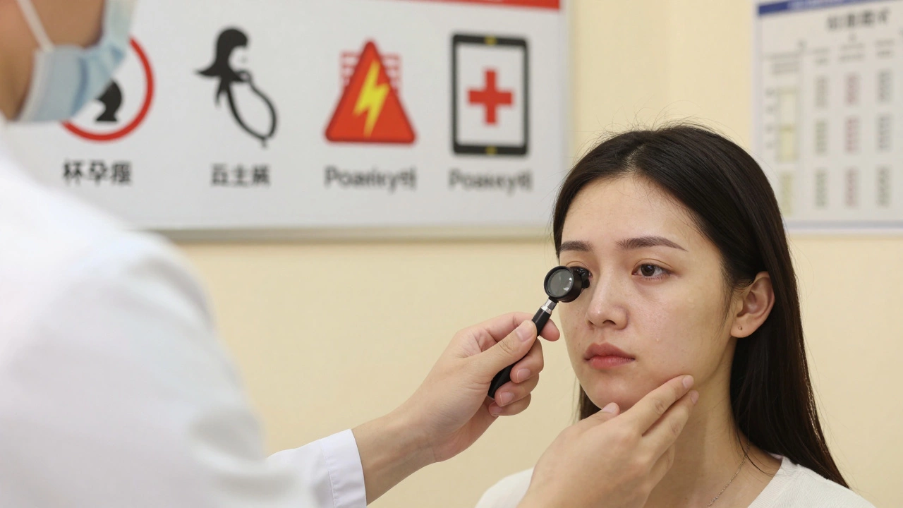 Дерматолог осматривает кожу пациента, на фоне — символы противопоказаний.