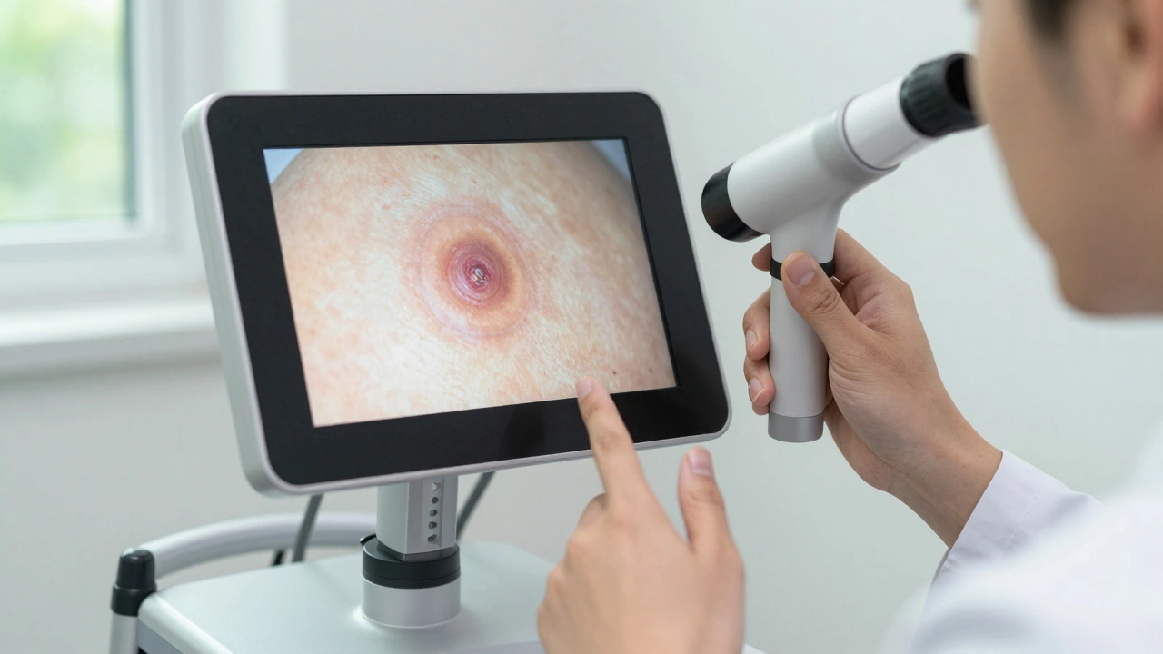 Дерматолог осматривает кожу с помощью дерматоскопа, на экране видна увеличенная пигментация.