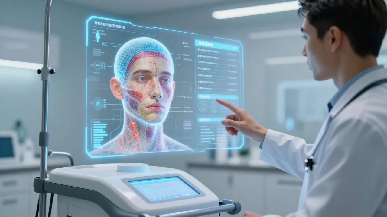 Голографический сканер кожи с 3D-изображением слоёв лица и анализом данных ИИ в медицинской клинике.