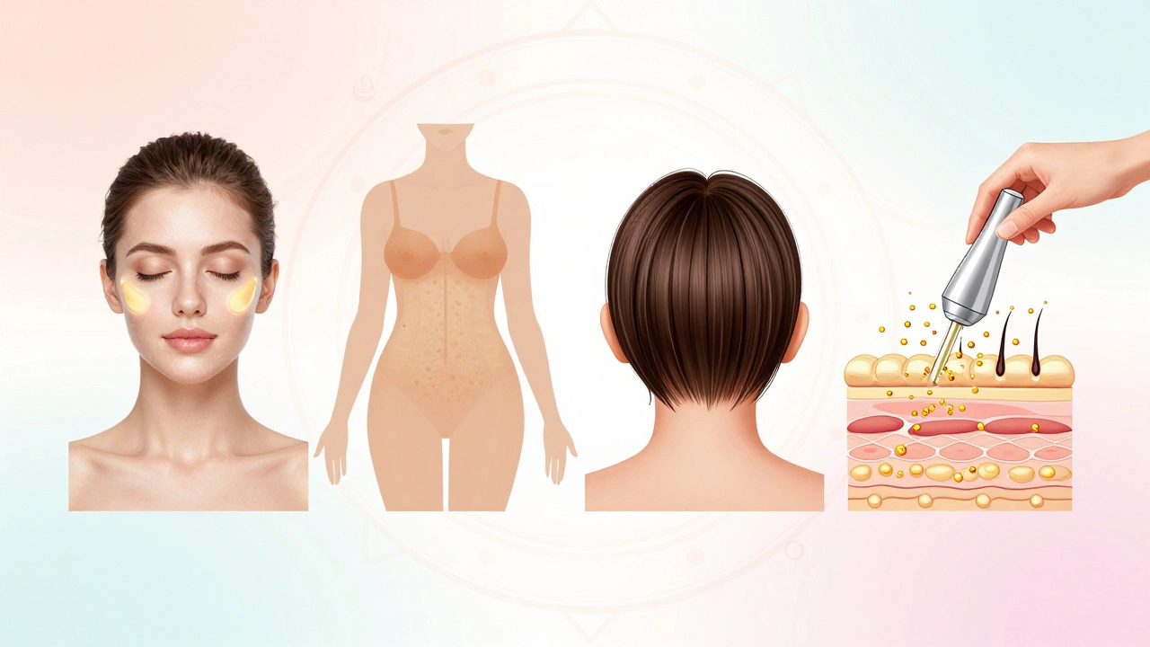 Иллюстрация четырёх направлений эстетической косметологии: лицо, тело, волосы и инъекции гиалуроновой кислоты.