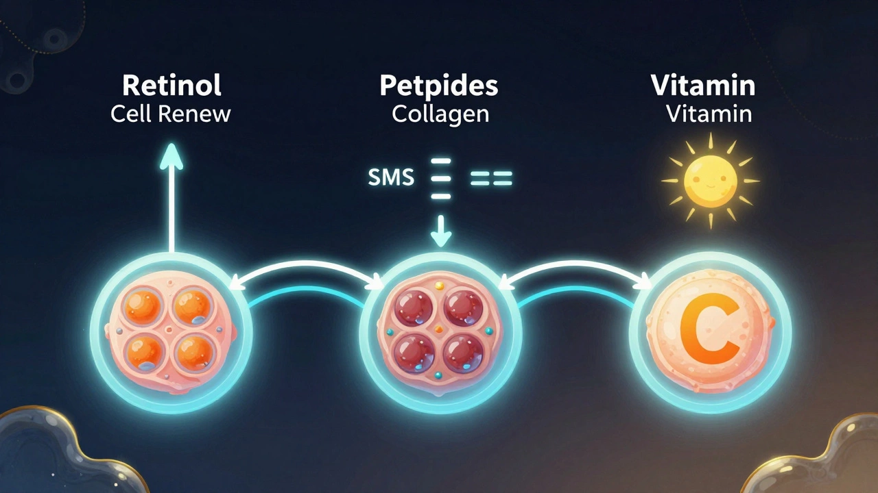Иллюстрация молекулярных процессов: ретинол, пептиды и витамин С стимулируют выработку коллагена и защищают кожу от свободных радикалов.
