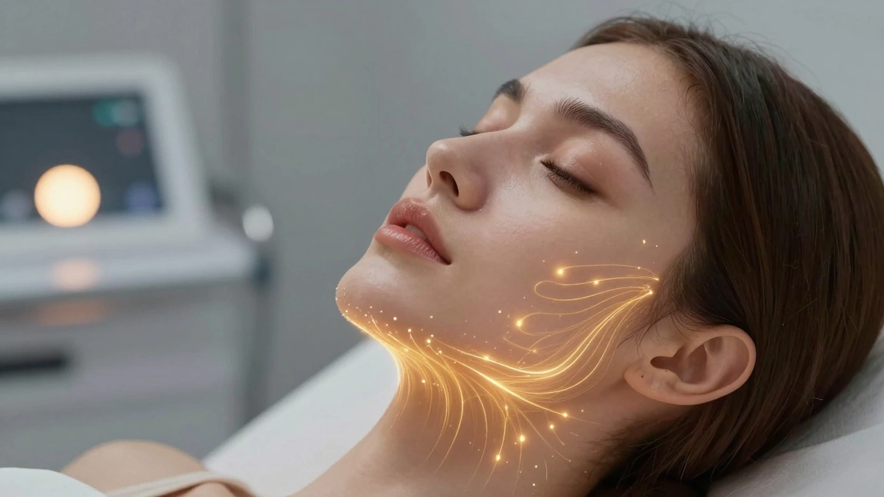 Лицо женщины под действием радиочастотного лифтинга, золотистые волны стимулируют коллаген в коже шеи и подбородка.