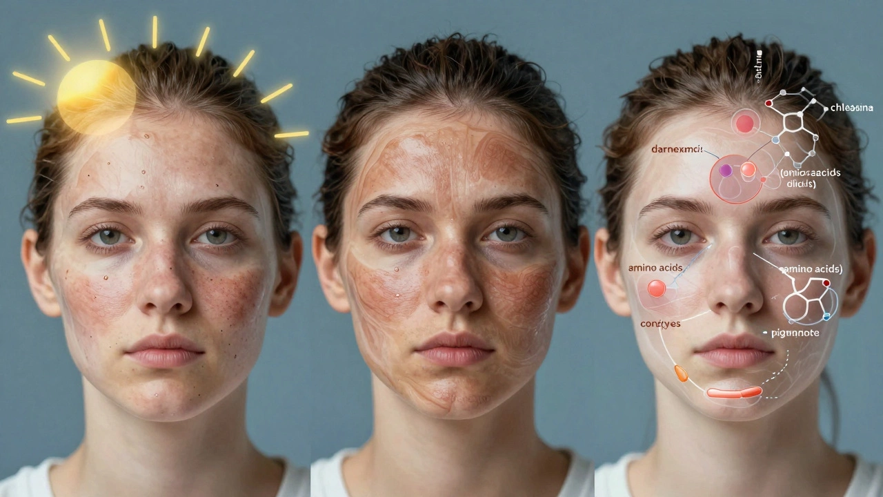 На лице человека визуализированы три причины пигментации и три инъекционных метода их блокировки.