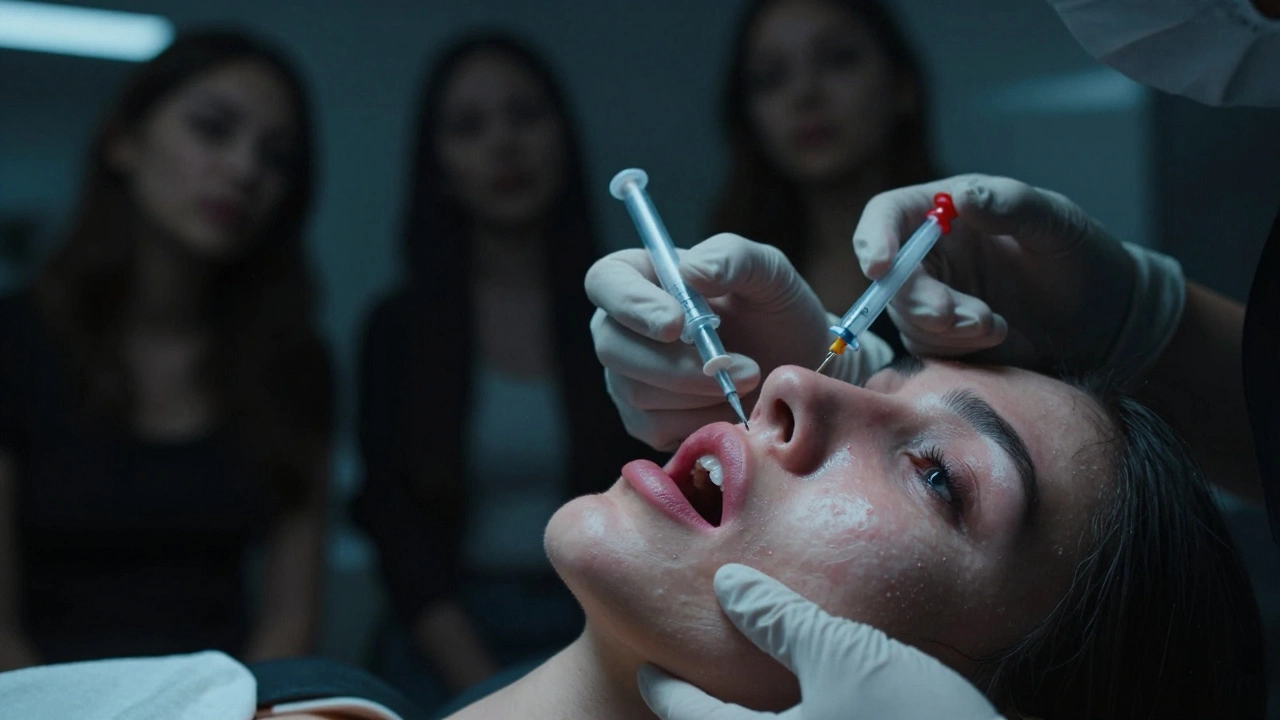 Осложнение после непрофессиональной инъекции: ткани губ становятся бледными из-за закупорки сосуда.