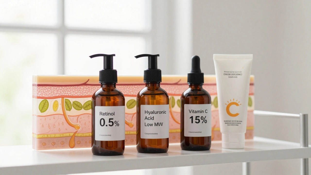 Полка с тремя косметическими средствами в темных флаконах с дозаторами, символизирующими эффективные ингредиенты против морщин.