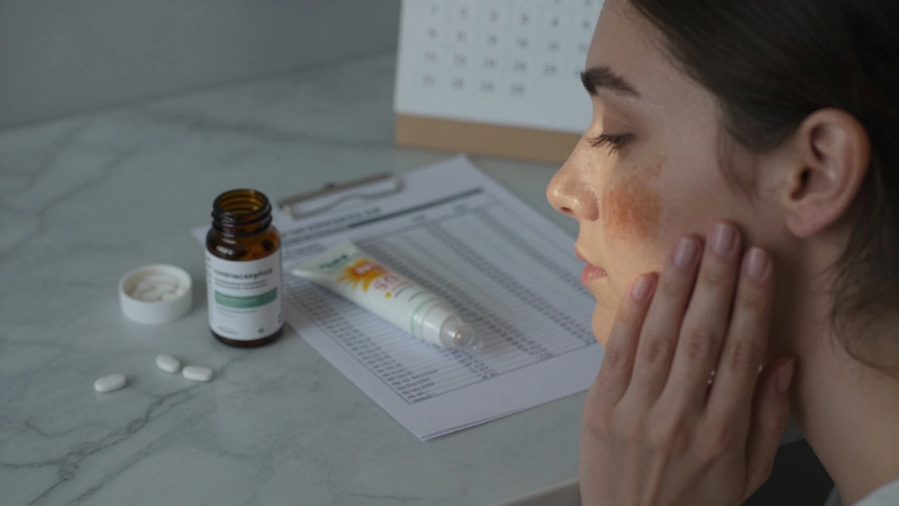 Рука с пигментацией на лице рядом с противозачаточными таблетками, солнцезащитным кремом и лабораторным анализом.