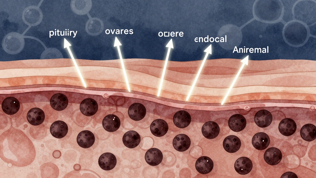 Схема кожи с активными меланоцитами, стимулируемыми гормонами из эндокринных желез.