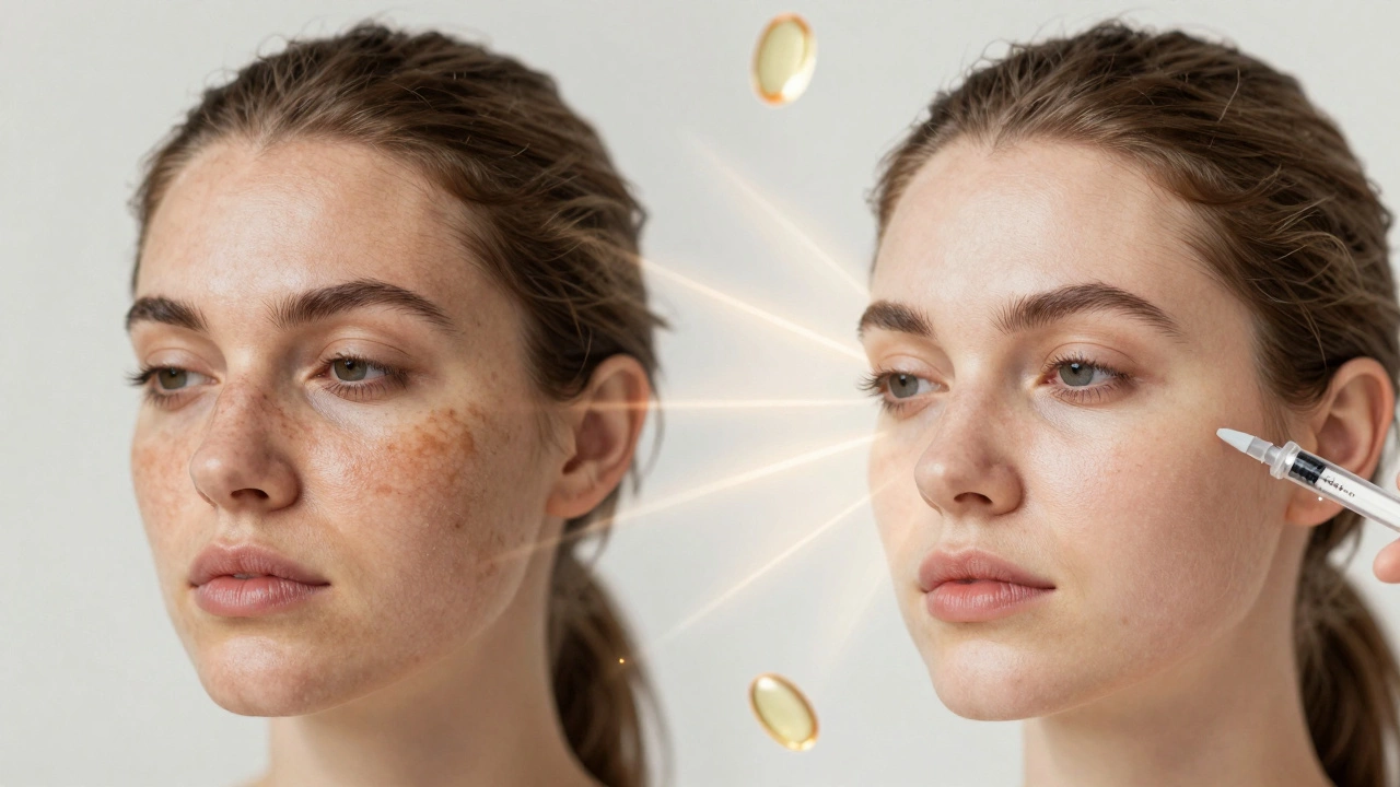 Сравнение до и после: темные пятна на лице превращаются в равномерный, здоровый цвет кожи.