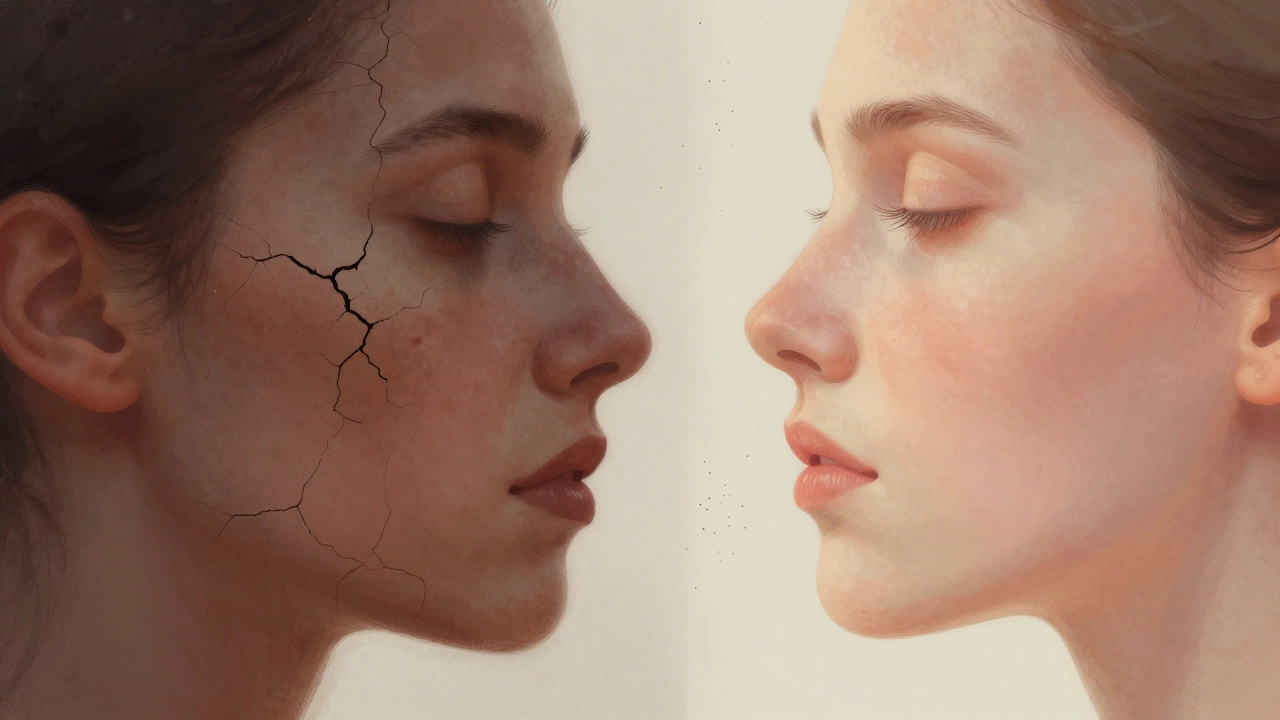 Сравнение поврежденной кожи с пигментацией и той же кожи после лечения пикосекундным лазером.