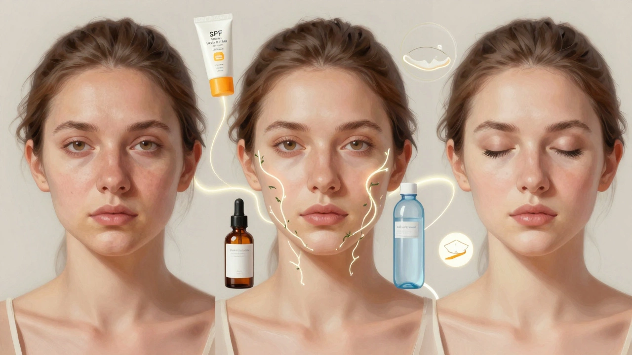 Три этапа подтяжки лица: до, во время микротоков и после, с элементами домашнего ухода на фоне.