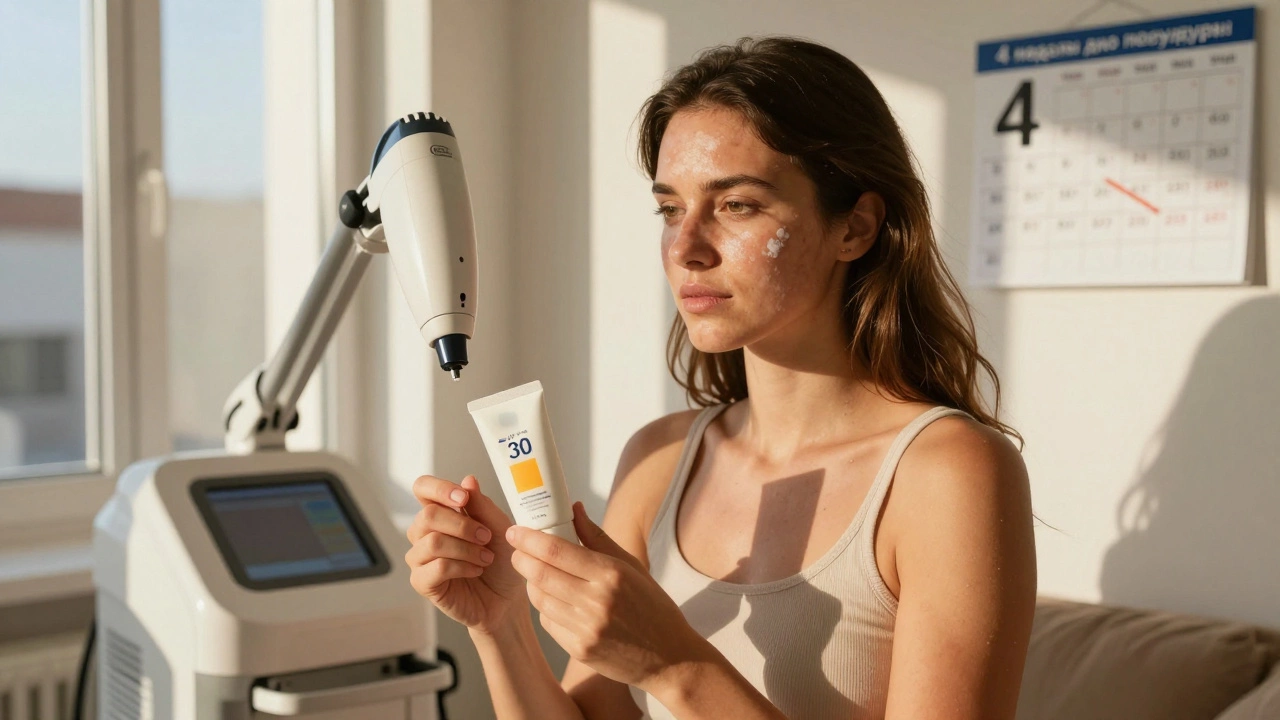Женщина с загаром и пятнистой кожей перед лазерным аппаратом.