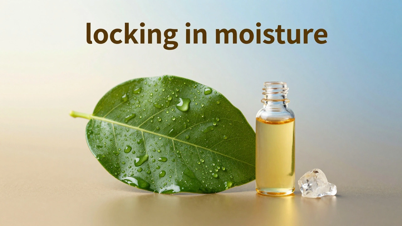 Капли росы на зеленом листе и флакон с золотистым маслом жожоба