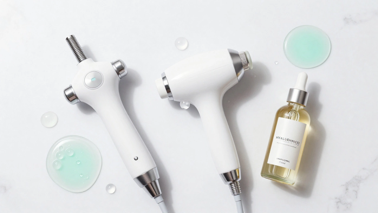 Набор современных аппаратов для лифтинга и уходовая косметика на мраморе