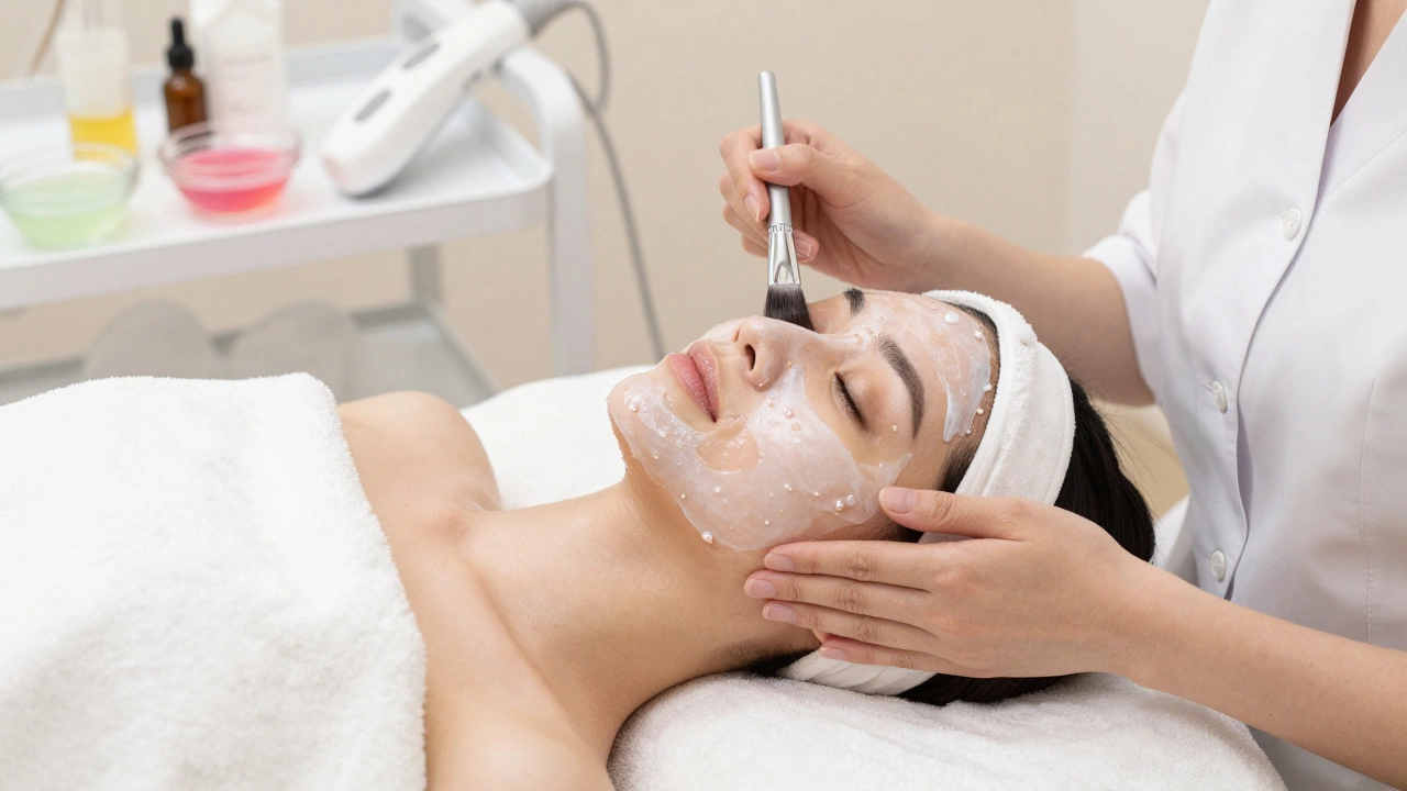 Процесс нанесения увлажняющей маски на лицо в кабинете косметолога