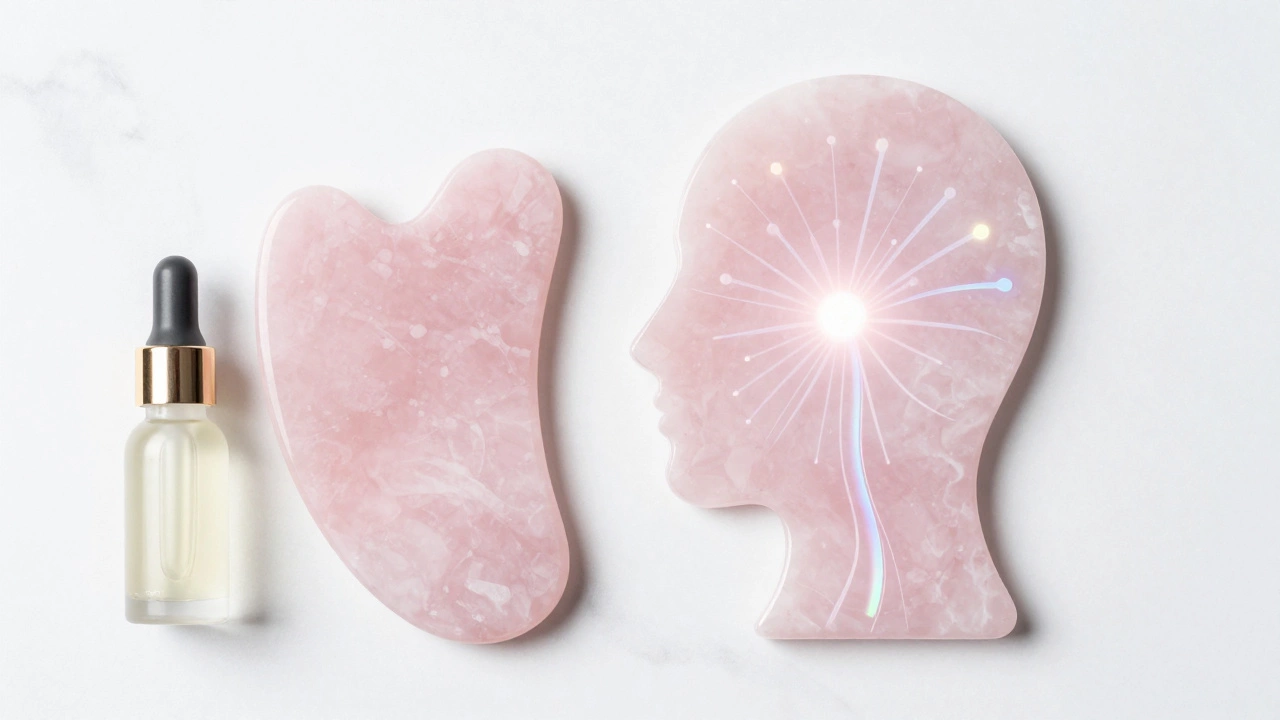 Скребок Гуаша из розового кварца и масло для лица на мраморе