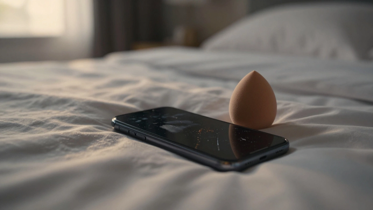 Смартфон и спонж для макияжа на подушке в комнате