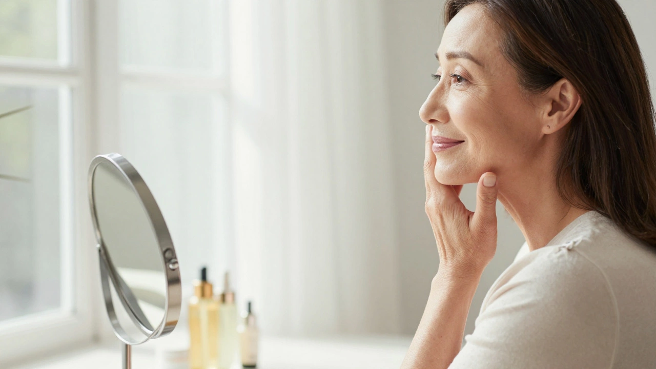 Уверенная в себе женщина зрелого возраста любуется своим отражением в зеркале