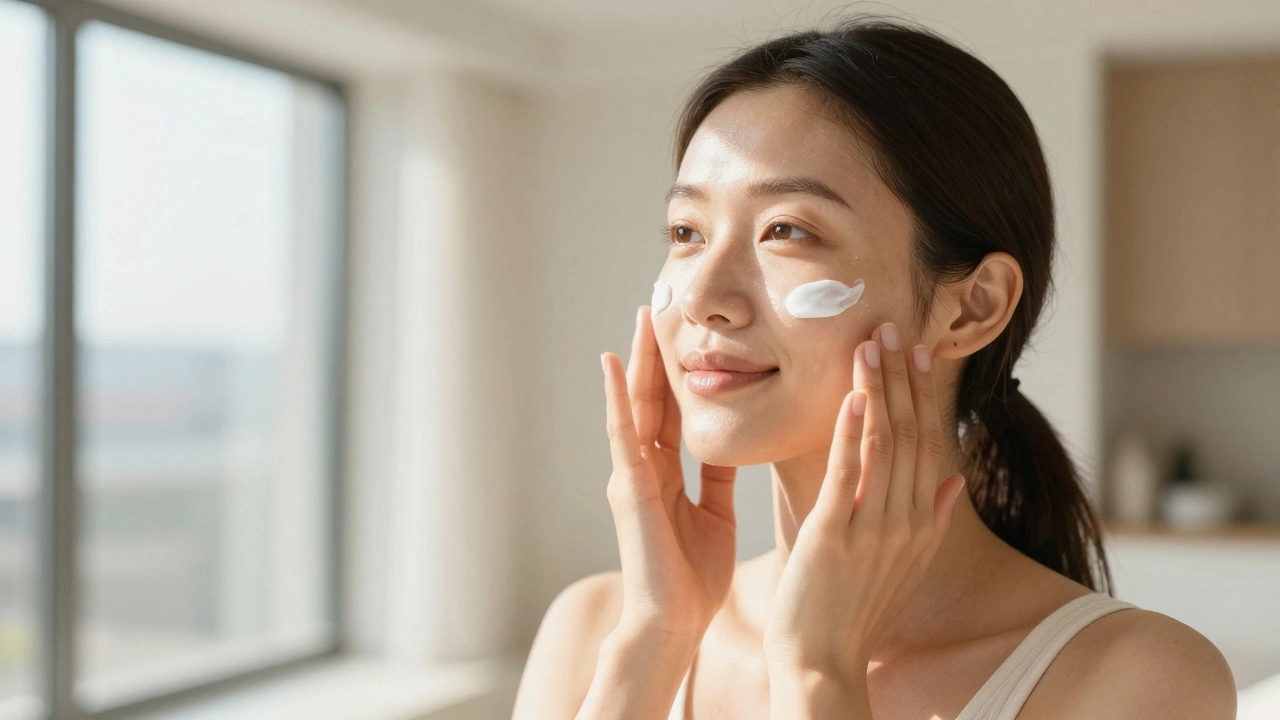 Женщина наносит солнцезащитный крем на сияющую кожу лица